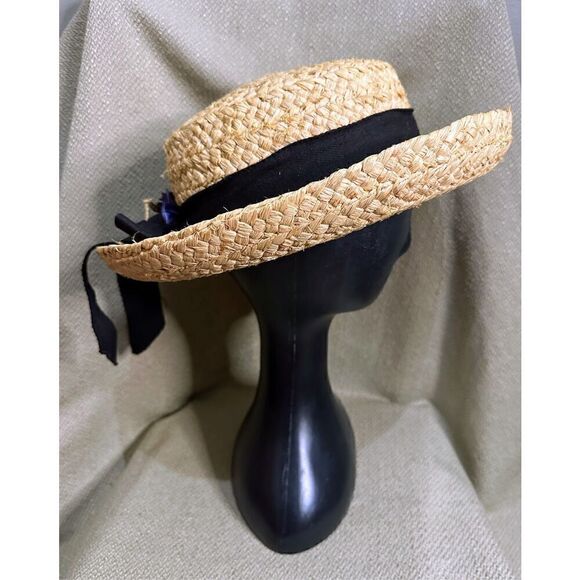 Vintage Scala Collection Woven Straw Hat Black Ribbon Trim Bow Feather Boho - Picture 3 of 10